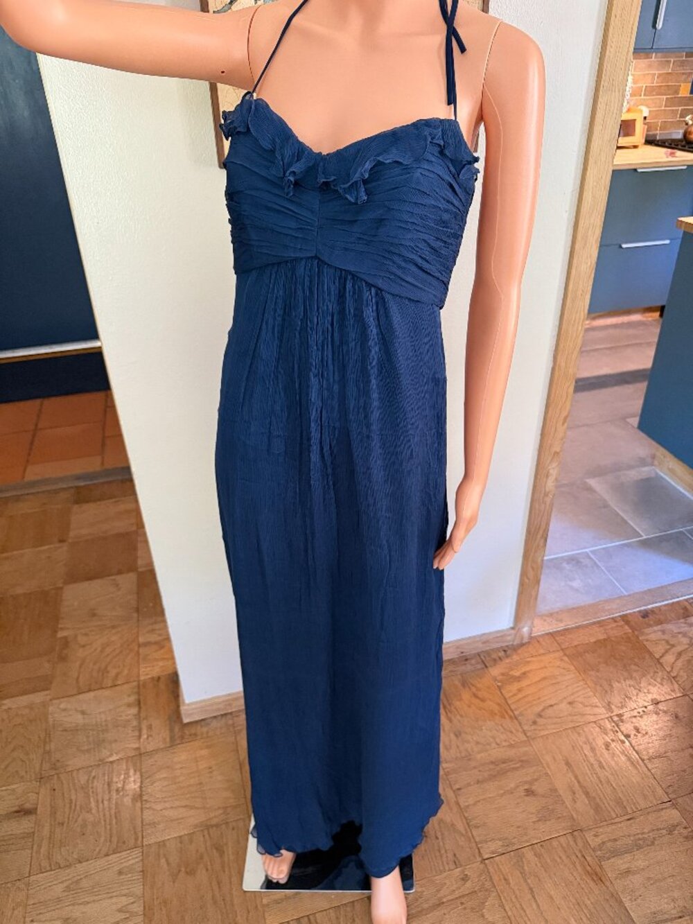 💙 AMSALE Navy Silk Halter Maxi Gown | Ruffle Sweetheart | Size 10 | 100% Silk